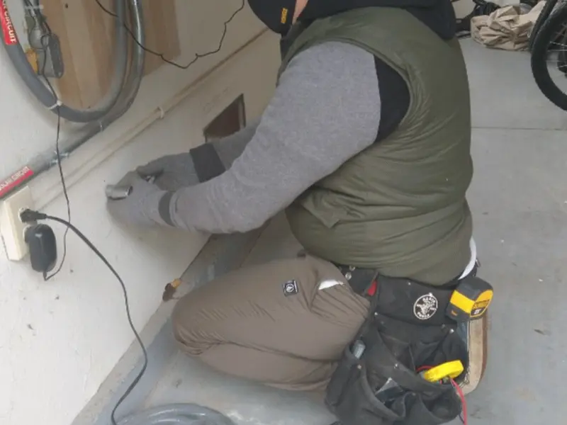 Electrician performing outlet wiring in a Fuller Heights garage